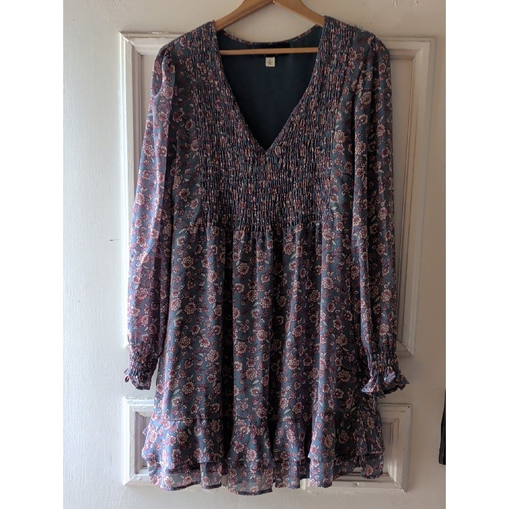 Blue Rain Blue Floral Smocked V-Neck Long Sleeve Dress